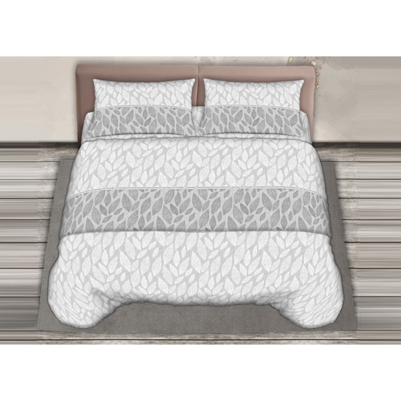 Completo Lenzuola In Calda Flanella Made in Italy Foglie Grigio