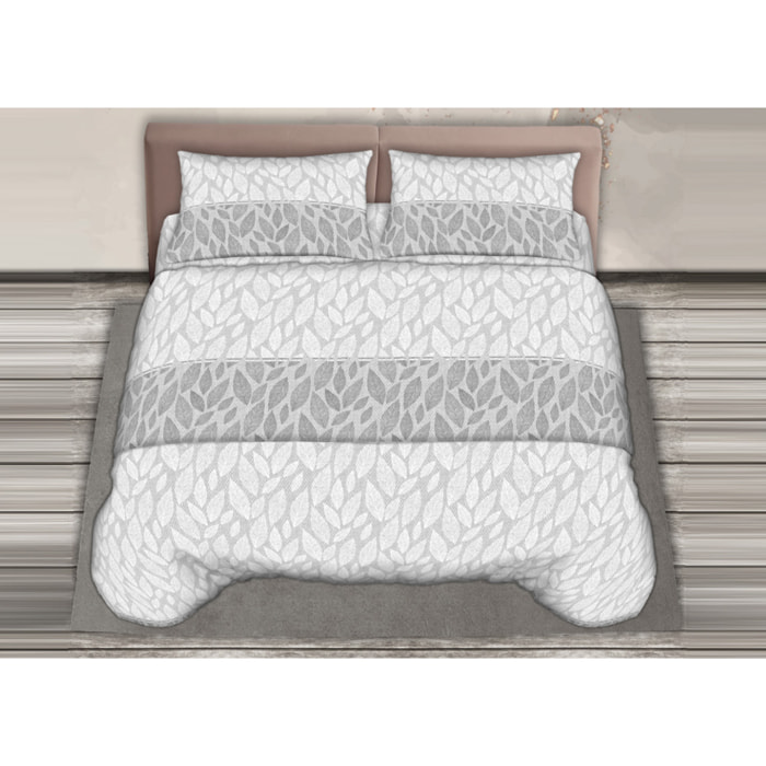 Completo Lenzuola In Calda Flanella Made in Italy Foglie Grigio