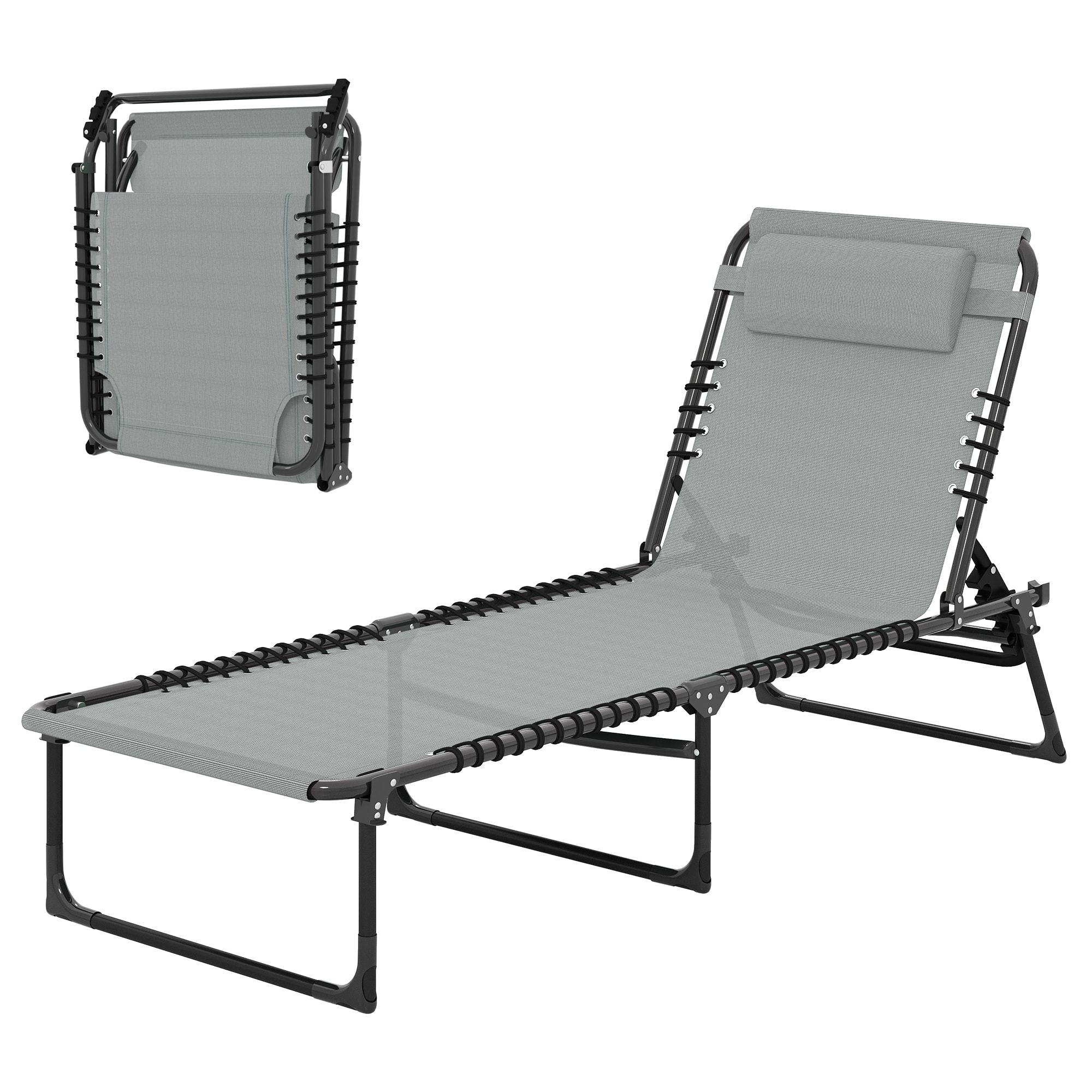 Bain de soleil transat pliable dossier inclinable multi-positions acier thermoplastique lacets élastiques noir textilène gris clair