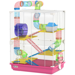 Cage pour hamster souris rongeur 4 étages avec tunnels mangeoire roue maison échelles dim. 46L x 30l x 58H cm rose