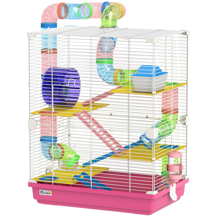 Cage pour hamster souris rongeur 4 étages avec tunnels mangeoire roue maison échelles dim. 46L x 30l x 58H cm rose