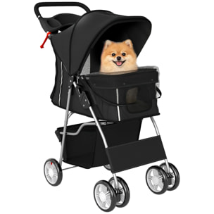 Carrito para Perros Plegable, Cochecito para Perros Pequeños con Cesta de Almacenaje, Ventanas de Malla, Portavasos, Ruedas y Cojín Lavable, Carga 10 kg, 77x44x102 cm, Negro