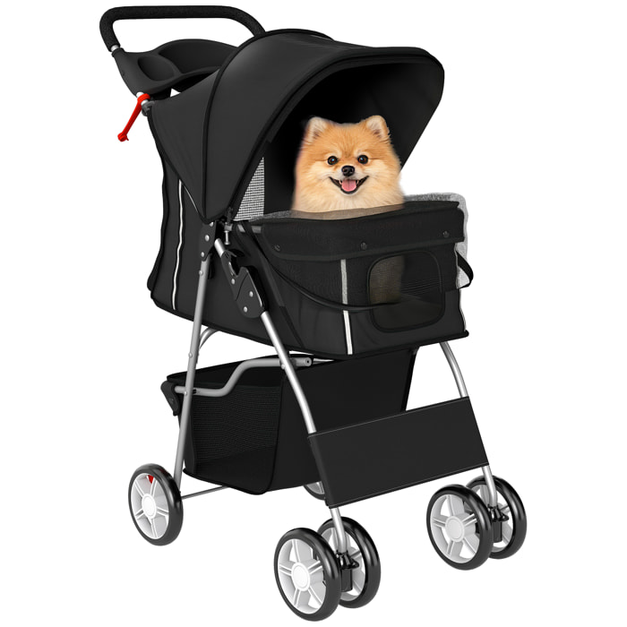 Carrito para Perros Plegable, Cochecito para Perros Pequeños con Cesta de Almacenaje, Ventanas de Malla, Portavasos, Ruedas y Cojín Lavable, Carga 10 kg, 77x44x102 cm, Negro