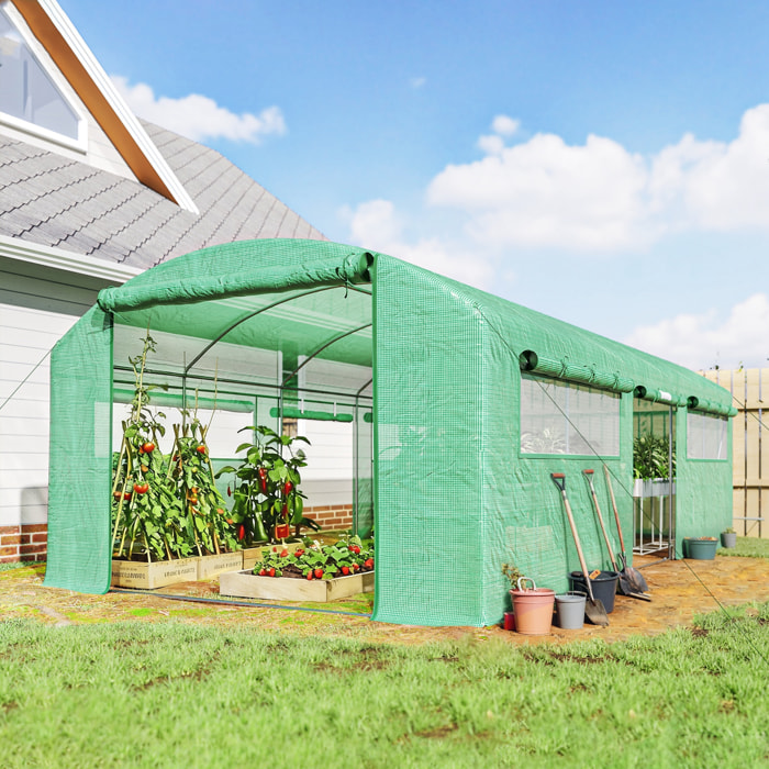 Invernadero de Exterior 6x3x2 m, Invernadero de Túnel con 3 Puertas Enrollables, Ventanas de Malla, Cubierta PE 140g/m² Anti-UV y Marco de Acero Galvanizado, para Cultivos, Plantas, Verde