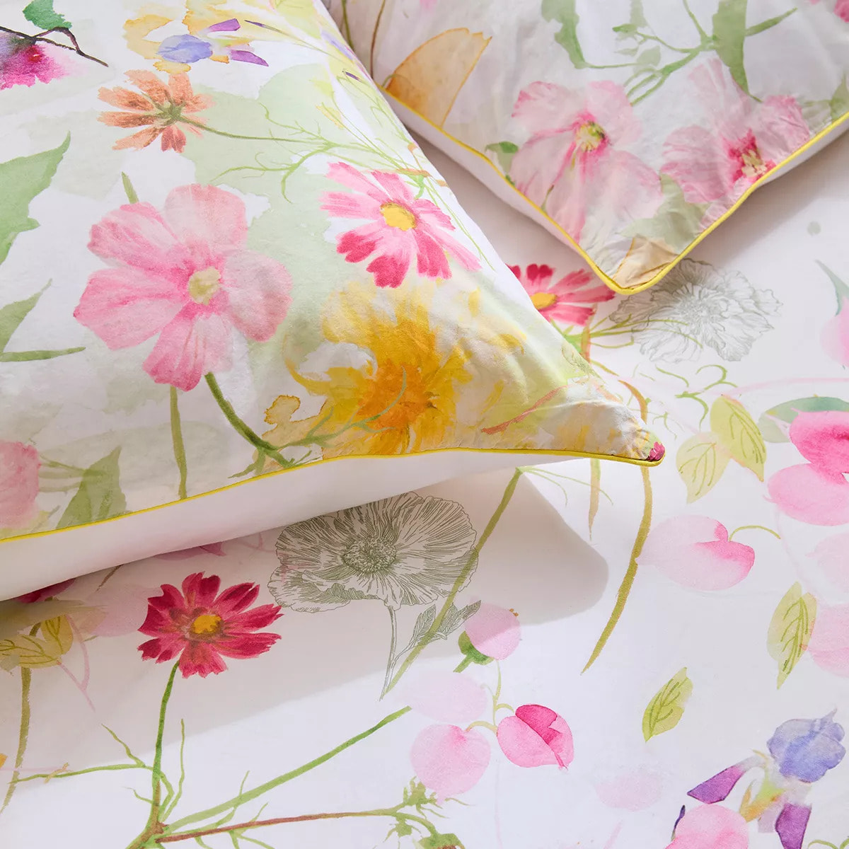 Taie d'oreiller percale de coton lavé 115 g/m² imprimé rose vert Souffle fleuri printemps