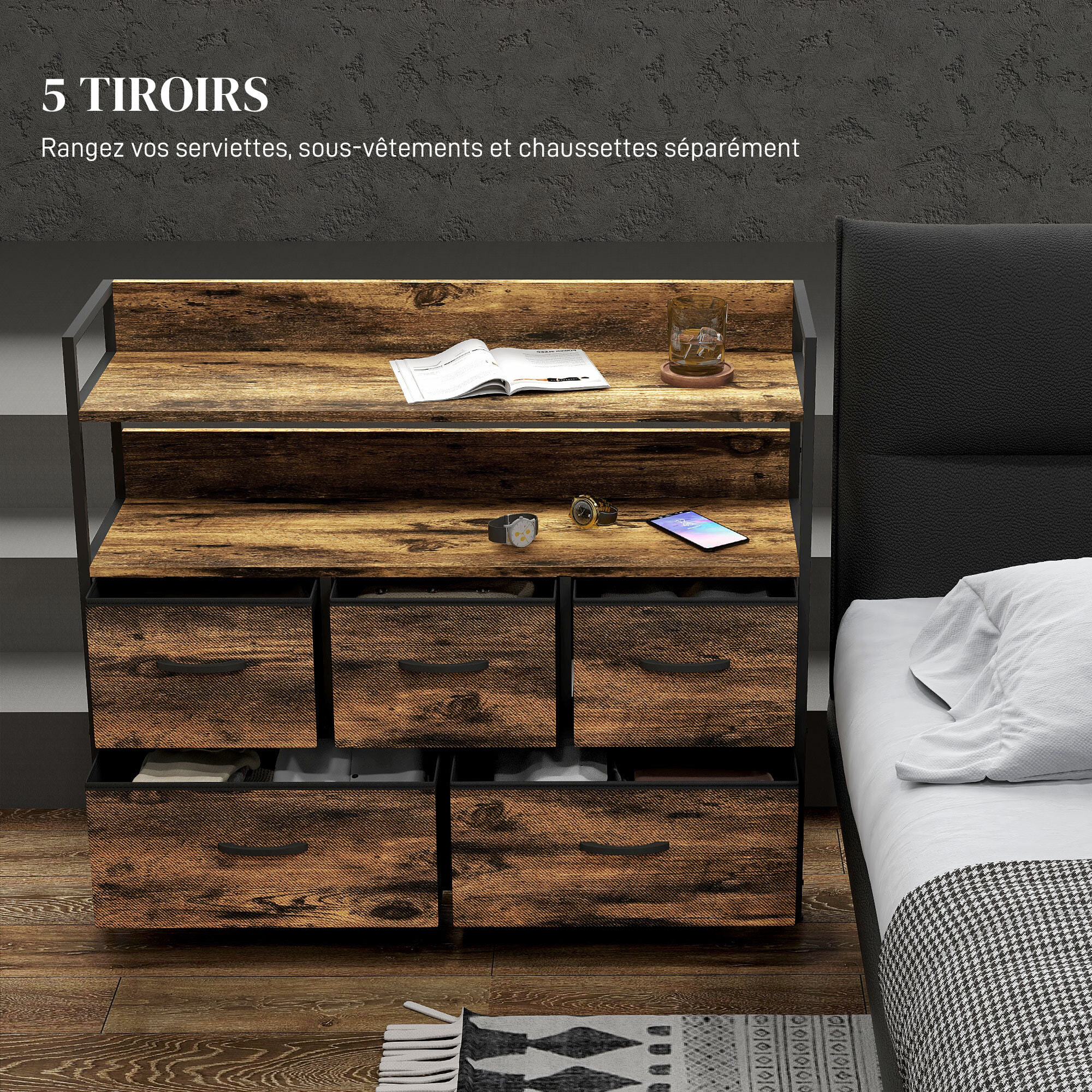 Commode 7 tiroirs non tissés pliables - structure acier noir - plateau MDF - aspect bois vieilli