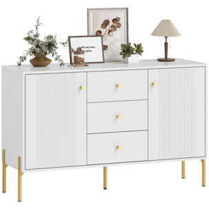 Aparador Moderno de 2 Puertas, Aparador de Salón con 3 Cajones, Estantes Ajustables, Encimera con Efecto Mármol, Patas de Acero, para Cocina, Entrada, Dormitorio, Blanco, 120x39,1x76 cm