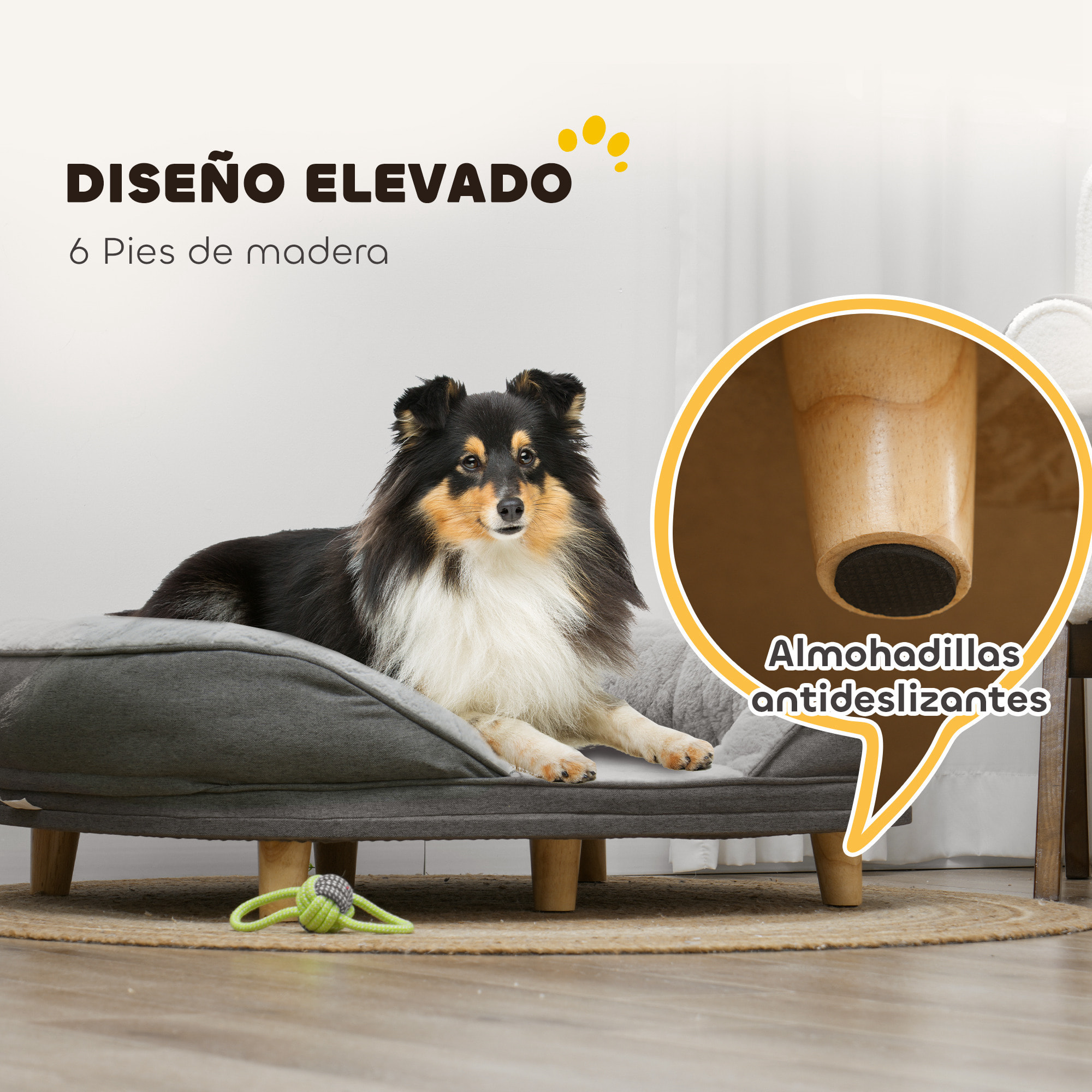 Sofá para Perros Medianos y Grandes Sofá para Mascotas con Parte Superior Desmontable Funda Lavable y Patas de Madera Carga 25 kg 90x78x25 cm Gris