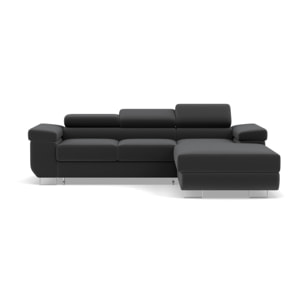 Pablo - canapé d'angle droit - 6 places - convertible avec coffre et têtières réglables - en velours - Gris foncé