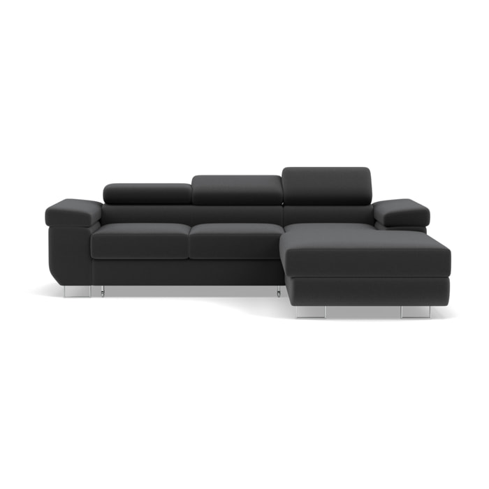 Pablo - canapé d'angle droit - 6 places - convertible avec coffre et têtières réglables - en velours - Gris foncé