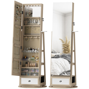 Espejo Joyero con Luces LED, Armario para Joyas, Armario Joyero con Espejo Entero, Giratorio de 360°, Cajón, Cerradura, Estantes Abiertos, Soporte para Secador, Natural