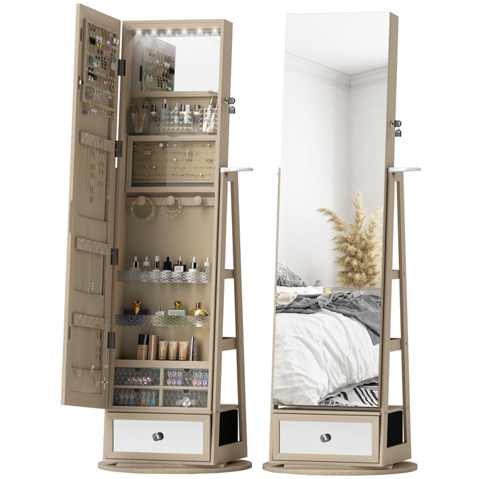 Espejo Joyero con Luces LED, Armario para Joyas, Armario Joyero con Espejo Entero, Giratorio de 360°, Cajón, Cerradura, Estantes Abiertos, Soporte para Secador, Natural
