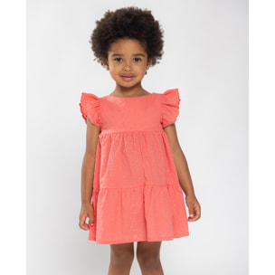 Vestido de voile bordado coral. Con volantes en las sisas, falda fruncida de volantes.