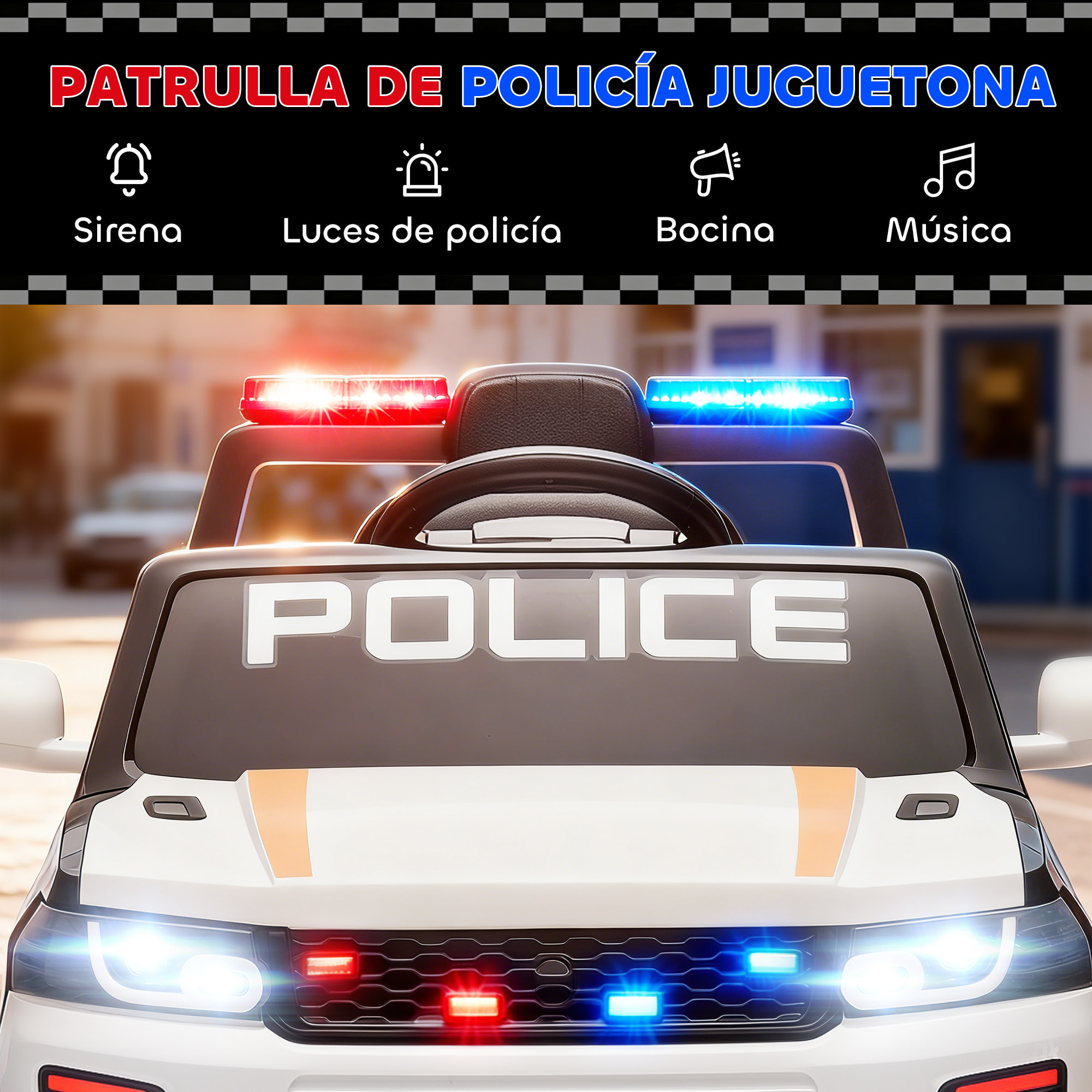Coche Eléctrico para Niños de Policía, Coche de Batería 12V, con Motor Doble, Mando a Distancia 2,4 G, Suspensión en 4 Ruedas, Sirena, Faros LED, Puerto USB, Blutooth y Música, Blanco