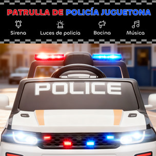 Coche Eléctrico para Niños de Policía, Coche de Batería 12V, con Motor Doble, Mando a Distancia 2,4 G, Suspensión en 4 Ruedas, Sirena, Faros LED, Puerto USB, Blutooth y Música, Blanco