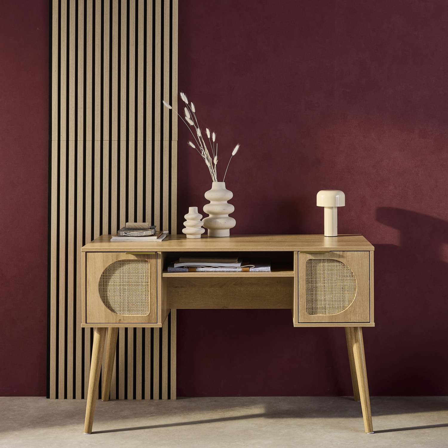 Bureau effet bois et cannage 2 portes EVA naturel 120 x 55 x 76.5 cm
