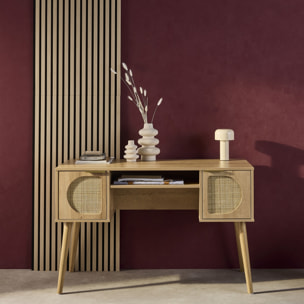 Bureau effet bois et cannage 2 portes EVA naturel 120 x 55 x 76.5 cm