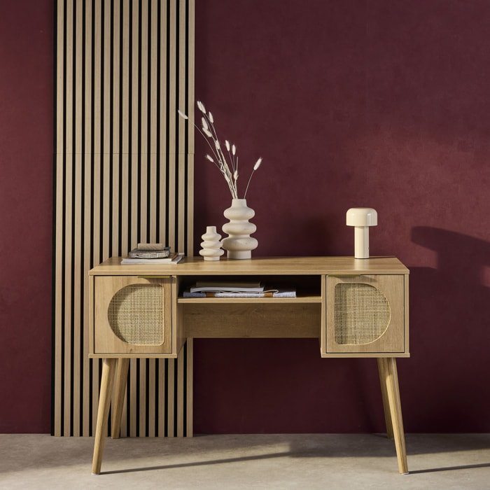 Bureau effet bois et cannage 2 portes EVA naturel 120 x 55 x 76.5 cm