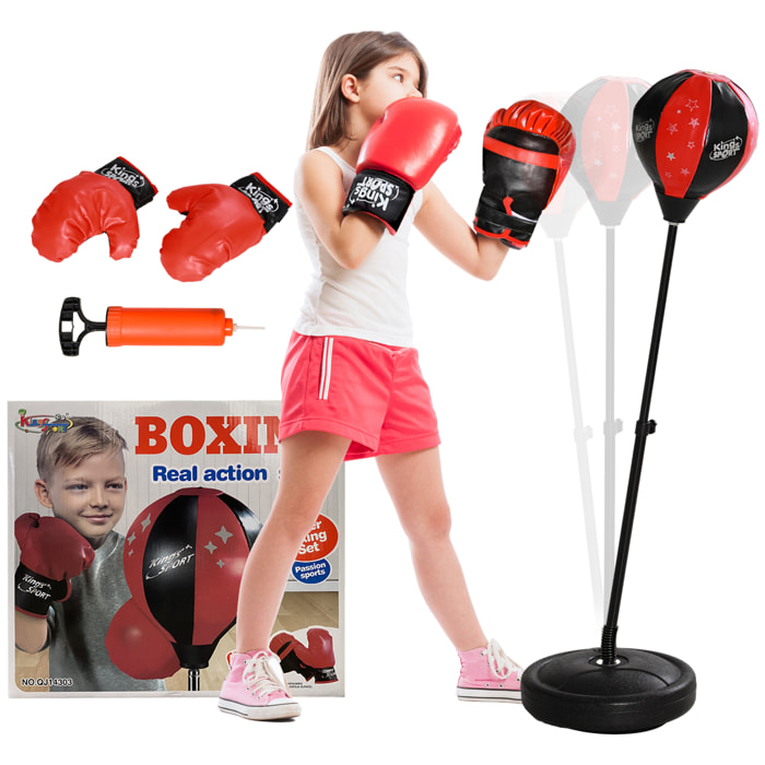 Punching ball enfant - sac de frappe enfant - hauteur réglable - base lestage, pompe, 2 gants inclus - rouge noir