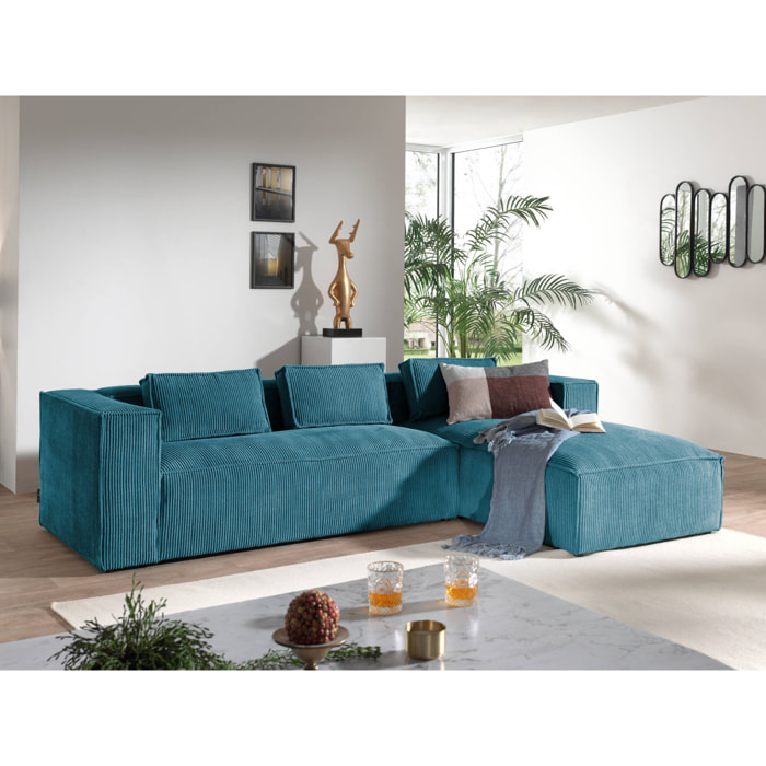 Stella - canapé d'angle droit en velours côtelé - 4 places -style contemporain - Bleu canard