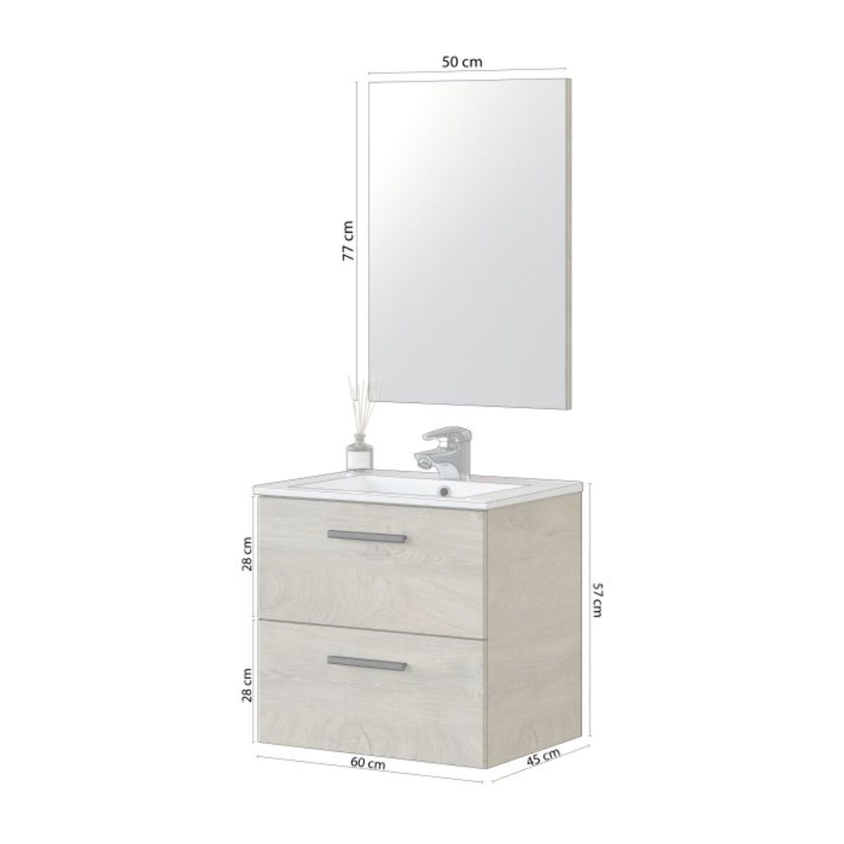Mueble de baño con espejo Sense 2 cajones 60 Roble Alaska