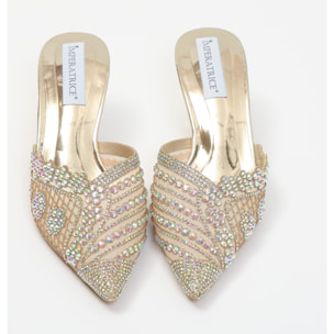 Sandali in simil pelle con tacco a rocchetto e tomaia gioiello