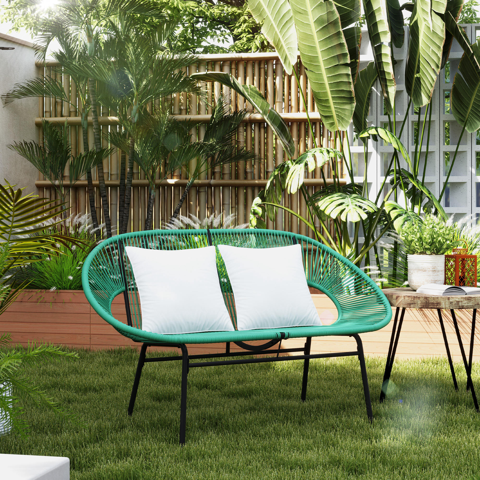 Banc de jardin 2 places design Acapulco 2 coussins métal résine filaire vert