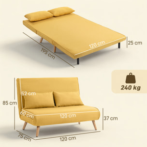 Sofá Cama de 2 Plazas Plegable 3 en 1, Sofá Cama, Tapizado en Lino, con Respaldo Ajustable 5 Posiciones, 2 Almohadas, para Dormitorio, Salón, Amarillo