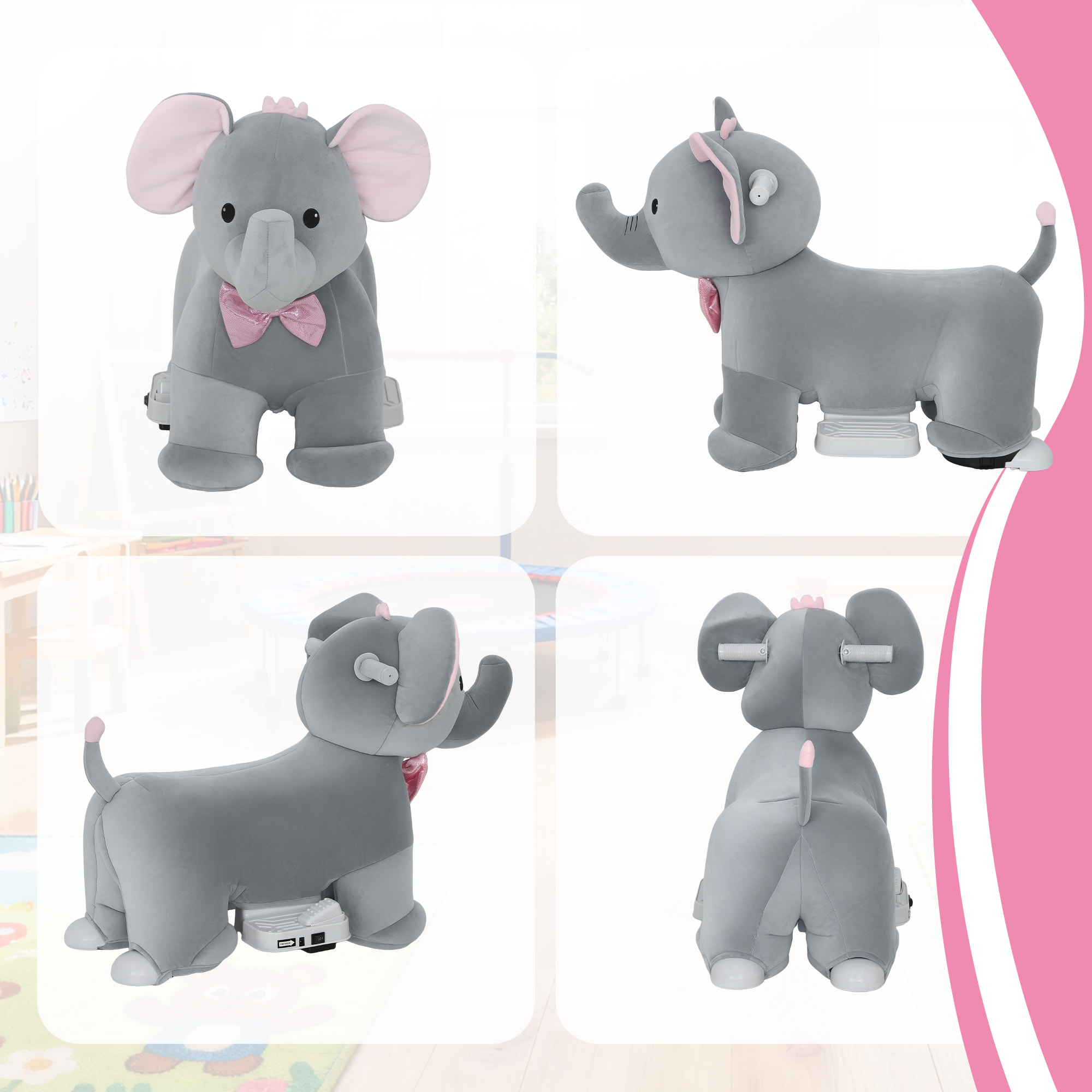 Elefante Eléctrico con Música, Batería 6V, Caballo de Juguete Eléctrico, Tacto Suave, Ruedas Silenciosas de PU, Pedal, Marcha Adelante, Regalo para Niños y Niñas de 1,5 a 5 Años, Gris