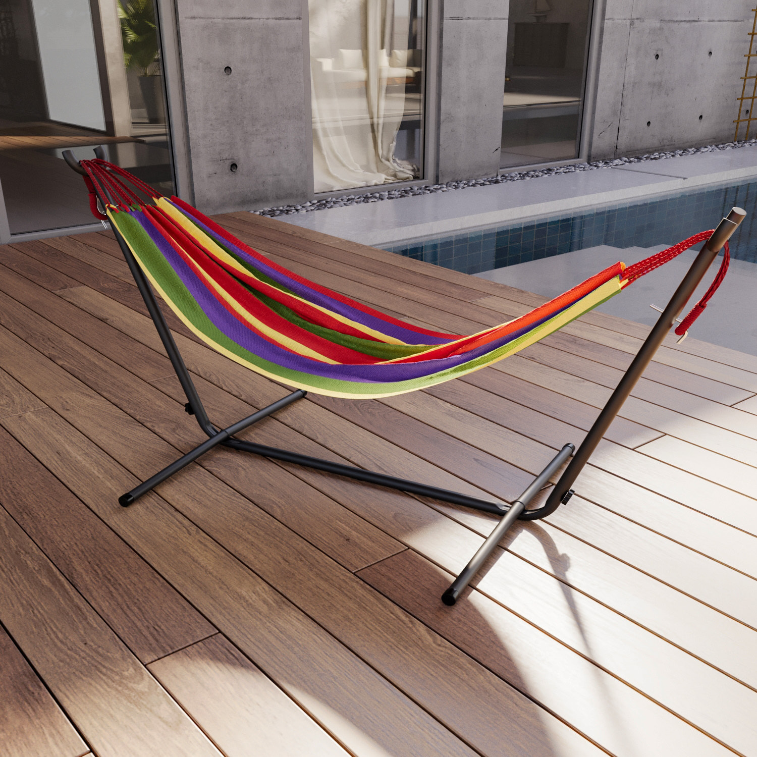 Amaca Da Giardino Con Supporto In Acciaio Portata 200 Kg Regolabile Telo Cotone Resistente Esterno Terrazzo Borsa 265x110x100 Cm Multicolore Rosso