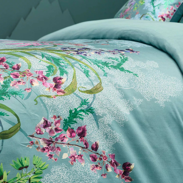Lot h.couette +taies satin de coton 90 fils/cm² 115 g/m² imprimé bleu violet Ombres boisees givre