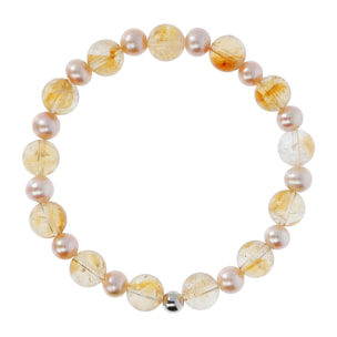 PERLAVIVA - Bracciale Elastico con Citrino Giallo e Perle d'Acqua Dolce Rosa Ø 5.5/6.5 mm