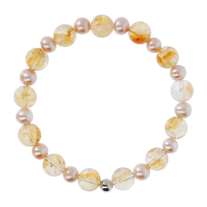 PERLAVIVA - Bracciale Elastico con Citrino Giallo e Perle d'Acqua Dolce Rosa Ø 5.5/6.5 mm