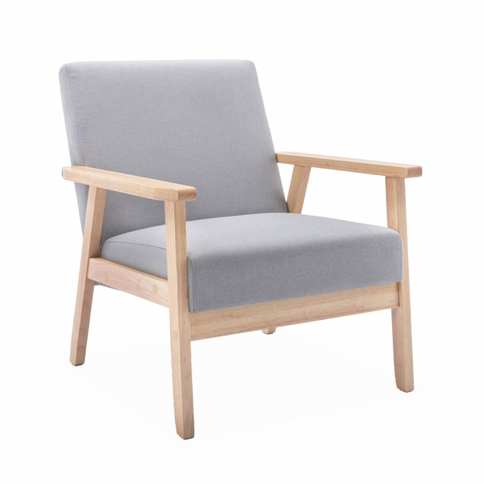 Fauteuil scandinave en bois et tissu gris clair. Isak. L 64 x P 69.5 x H 73cm