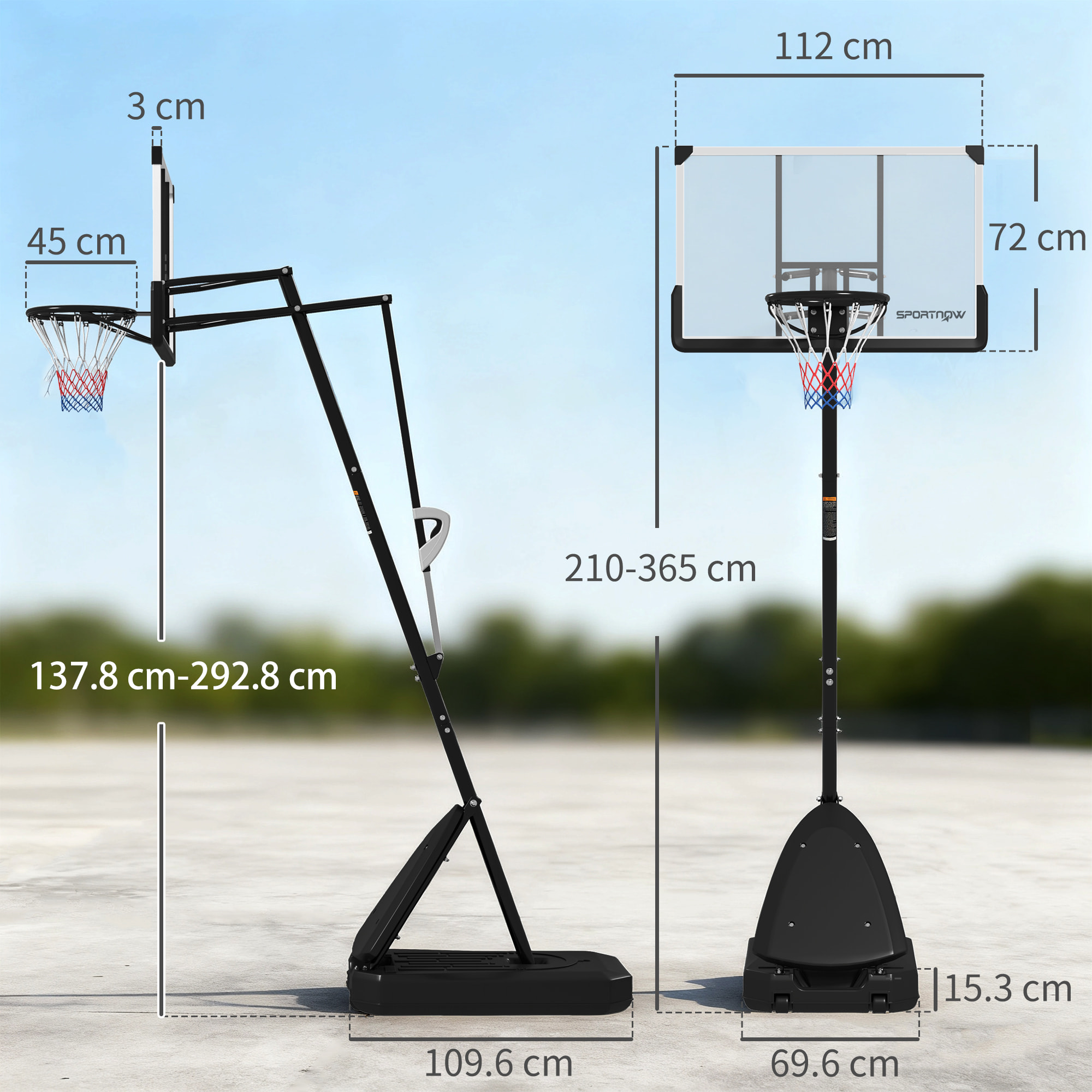 Canasta de Baloncesto para Exterior, Altura Ajustable de 16 Niveles, 150-305 cm, Canasta de Baloncesto Portátil con Ruedas, Base Rellenable y Sistema de Retorno, para Adultos y Adolescentes