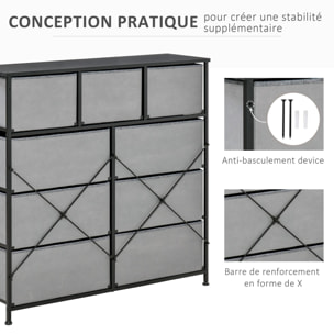 Meuble de rangement commode 9 tiroirs plateau acier MDF noir non tissé gris