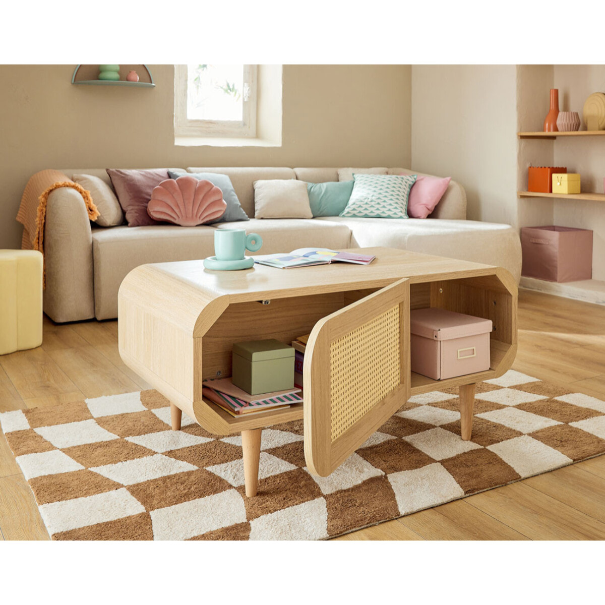 Mathilde - table basse - effet bois et cannage - 1 niche - 100 cm - Bois