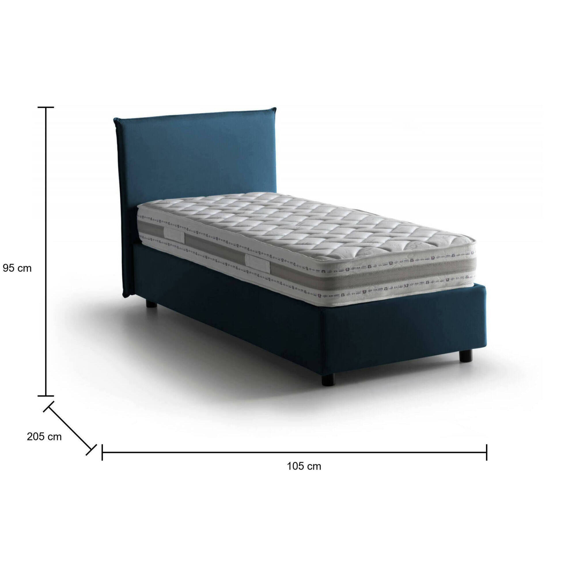 Letto singolo Chiaraluna, Letto contenitore con rivestimento in tessuto, 100% Made in Italy, Apertura frontale, con materasso Cm 90x190 incluso, Blu