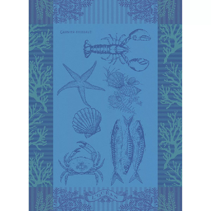 Torchon pur coton motif jacquard bleu L'ocean bleu