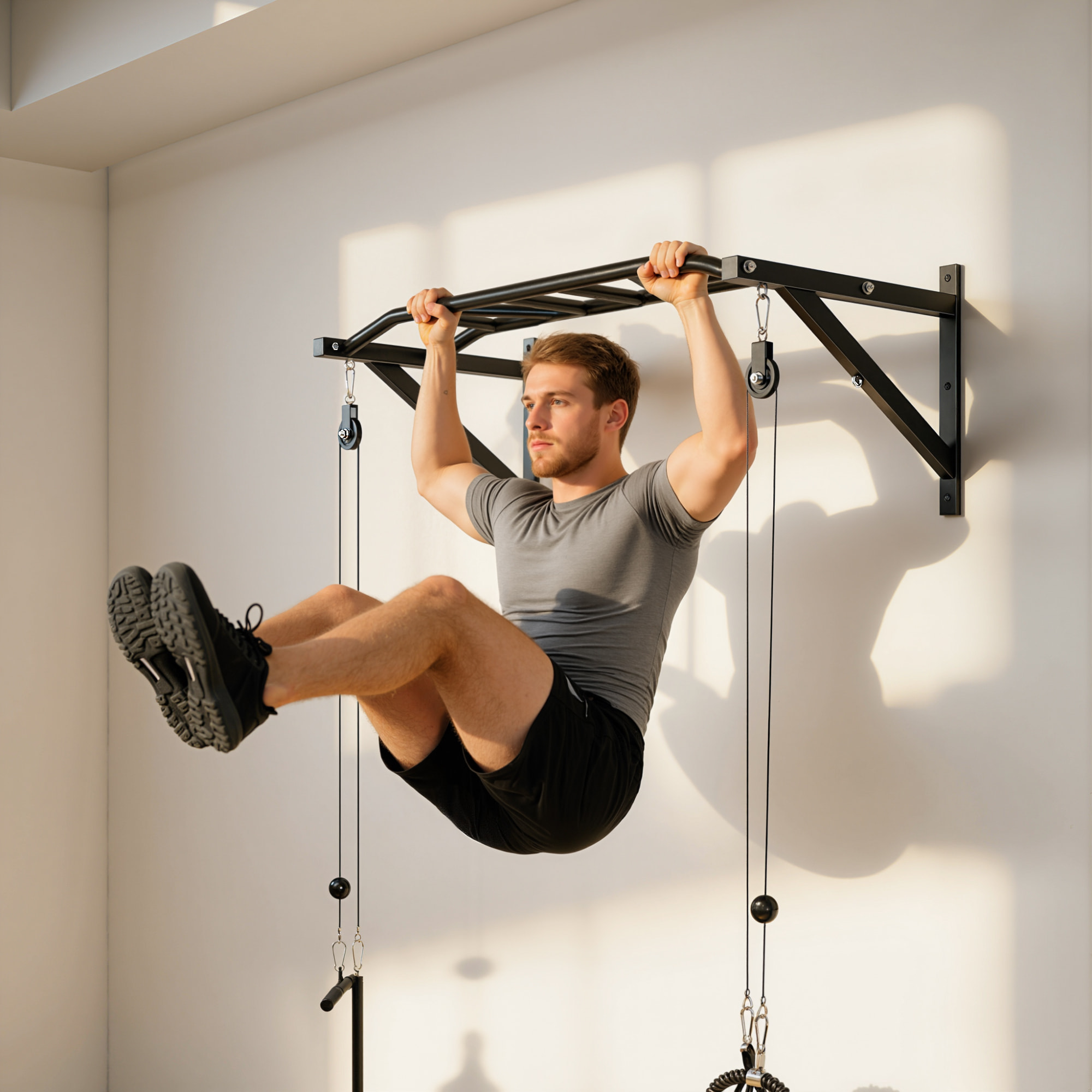 Barre de traction murale multi-prise avec accessoires et kit complet installation max. 200 Kg acier noir
