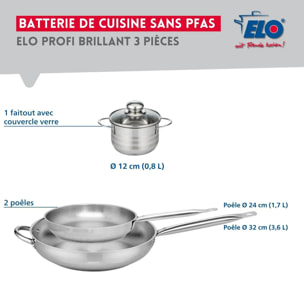 Ensemble de 2 Poêles de cuisson 24 et 32 cm et 1 faitout 12 cm Elo Profi Brillant