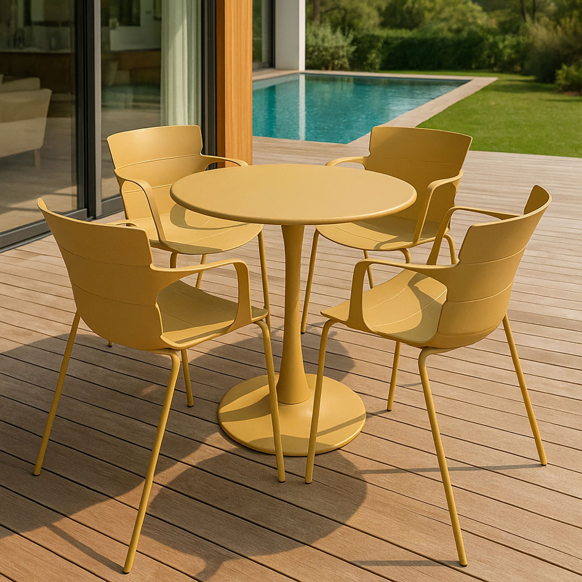 Ensemble de repas table et 4 fauteuils en polypropylène ocre MONTAUK