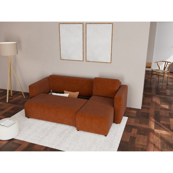 Canopy - canapé d'angle réversible 4 places convertible avec coffre en velours côtelé - Terracotta