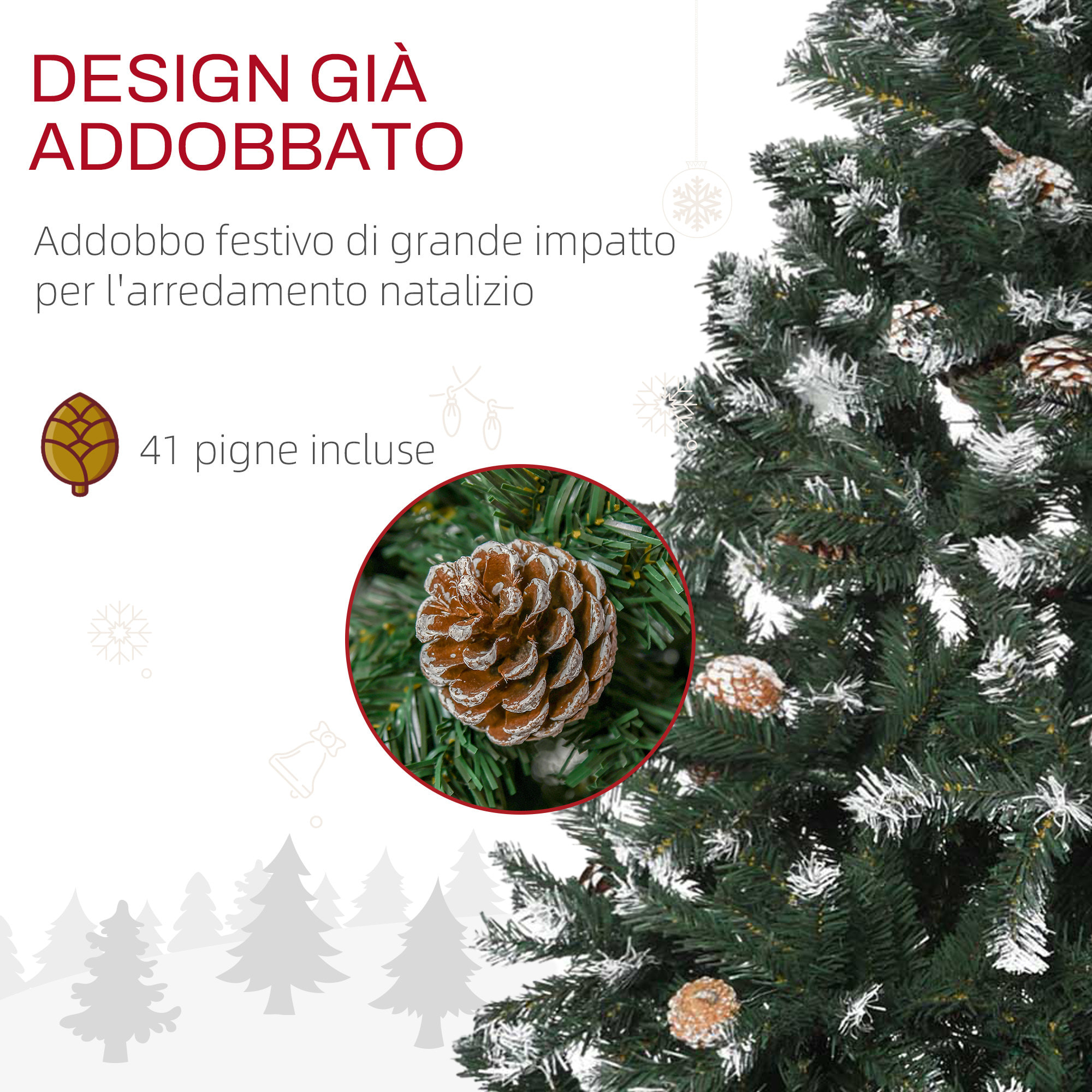 HOMCOM Albero di Natale Artificiale Innevato 150cm con 676 Rami e Pigne, Apertura Automatica e Base Pieghevole, Verde