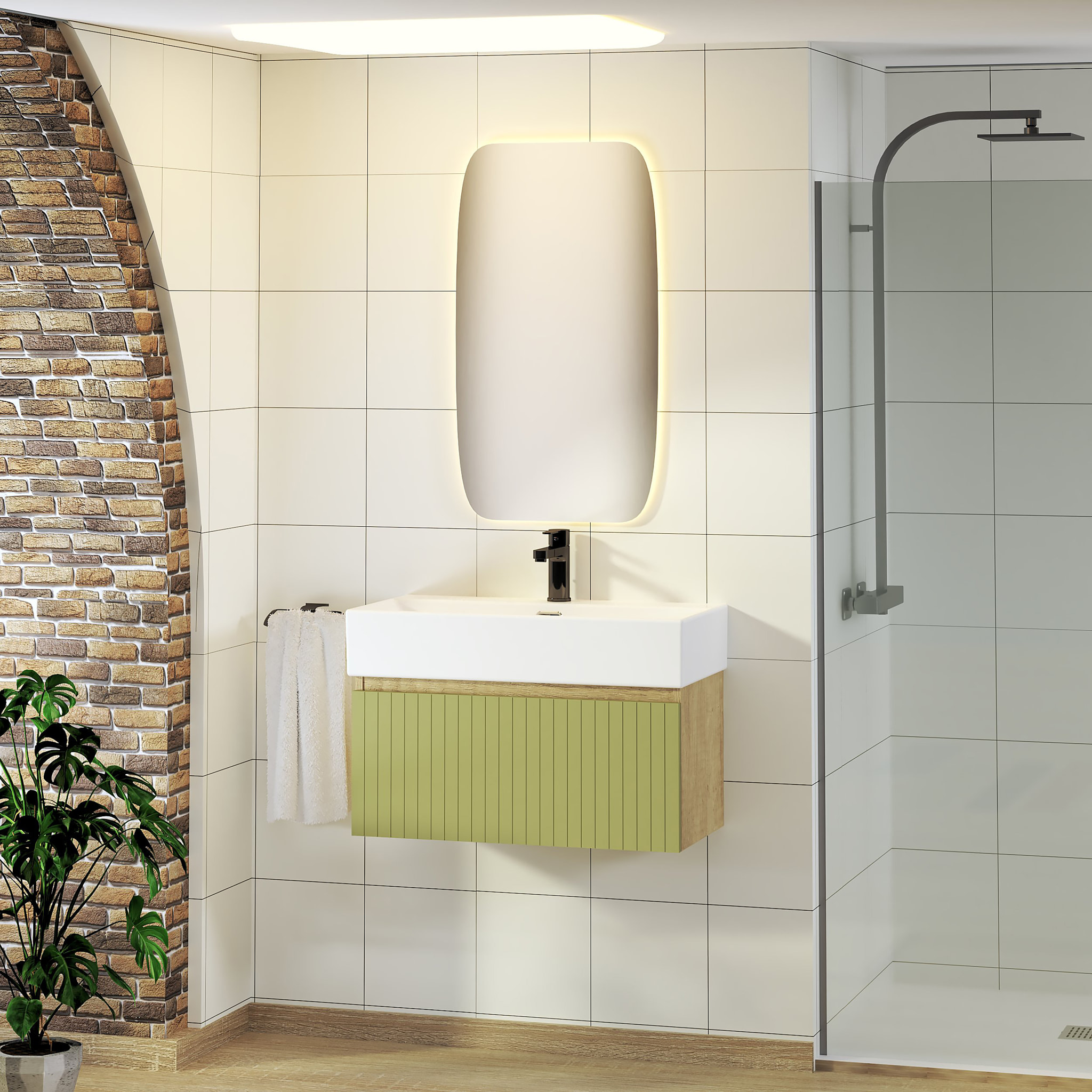 Conjunto de Baño Zel | Mueble Suspendido | 70 cm Verde | Un Cajón | Lavabo Encastrado | No incluye Espejo | Mueble Montado| Alday