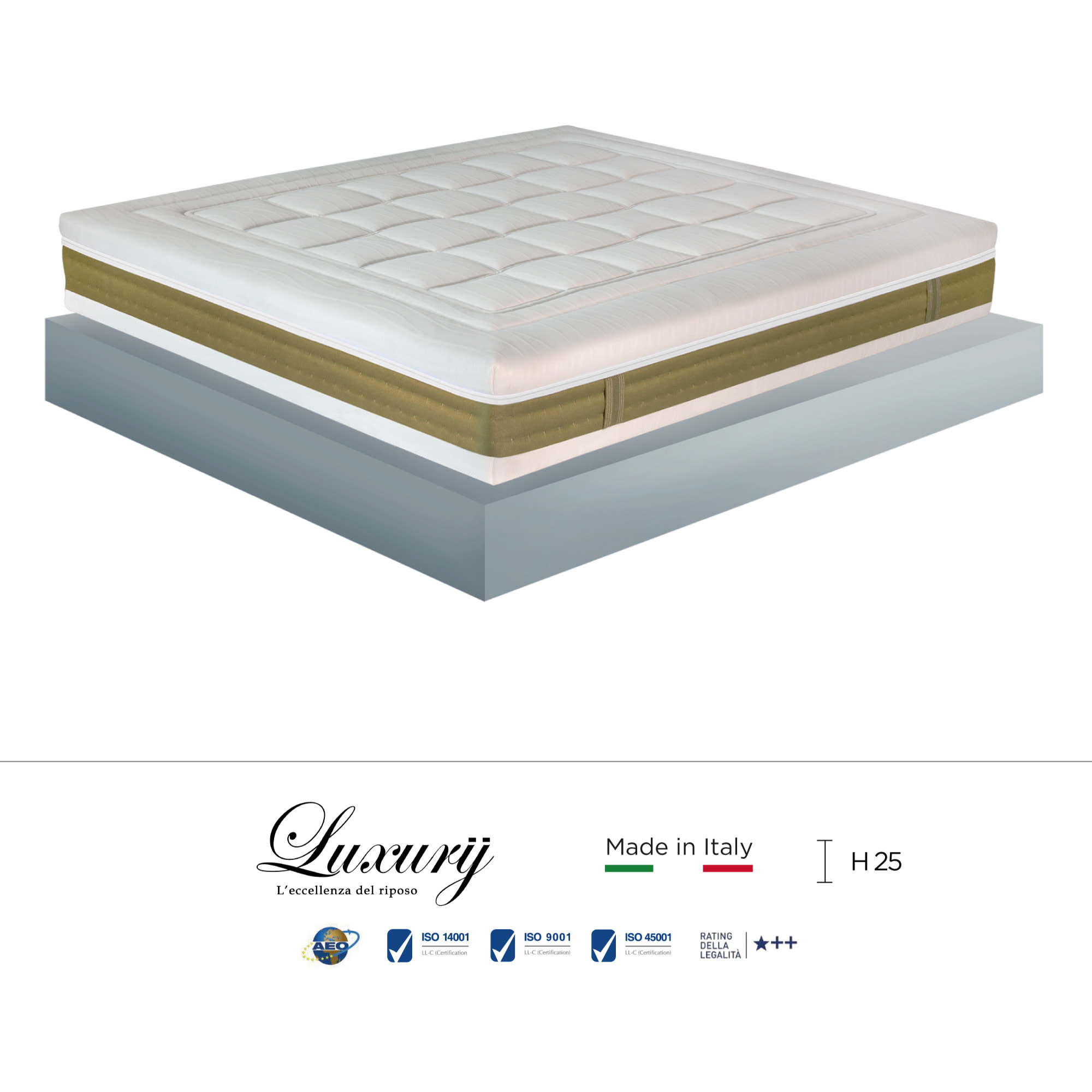 "Amalfi" H25 cm 180x200 2 guanciali Memory OMAGGIO 5 strati in FOAM arrotolato