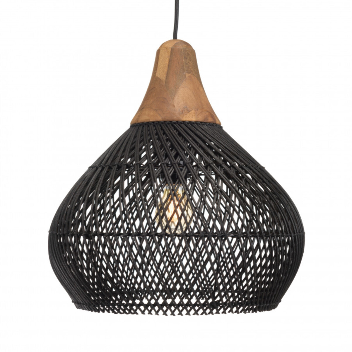 ALIDA - Suspension 'cloche' 40x40cm en rotin couleur noire et teck