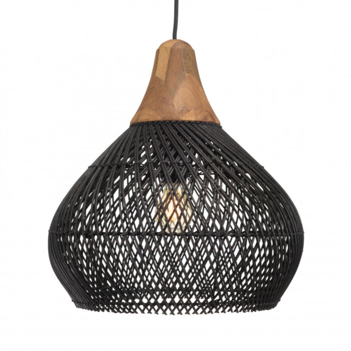 ALIDA - Suspension 'cloche' 40x40cm en rotin couleur noire et teck