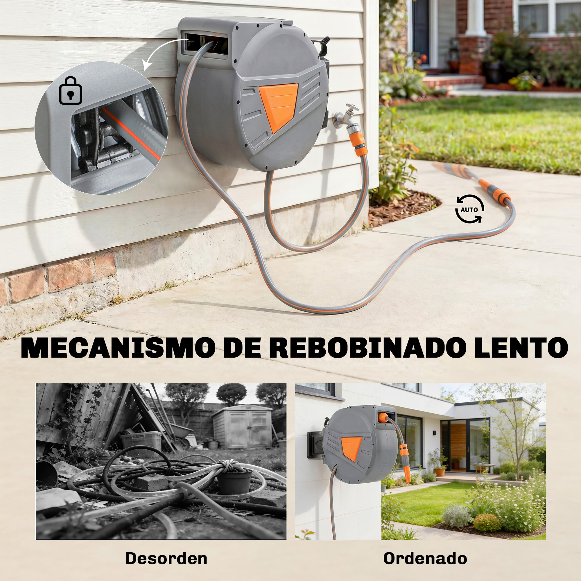 Enrollador de Manguera para Jardín 20+1,6 m con Boquilla de 2 Modos, Carrete de Manguera de Jardín de Pared con Bloqueo Automático y Retracción Controlada, Soporte Orientable 180°, Naranja
