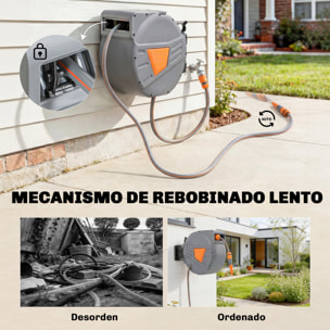 Enrollador de Manguera para Jardín 20+1,6 m con Boquilla de 2 Modos, Carrete de Manguera de Jardín de Pared con Bloqueo Automático y Retracción Controlada, Soporte Orientable 180°, Naranja
